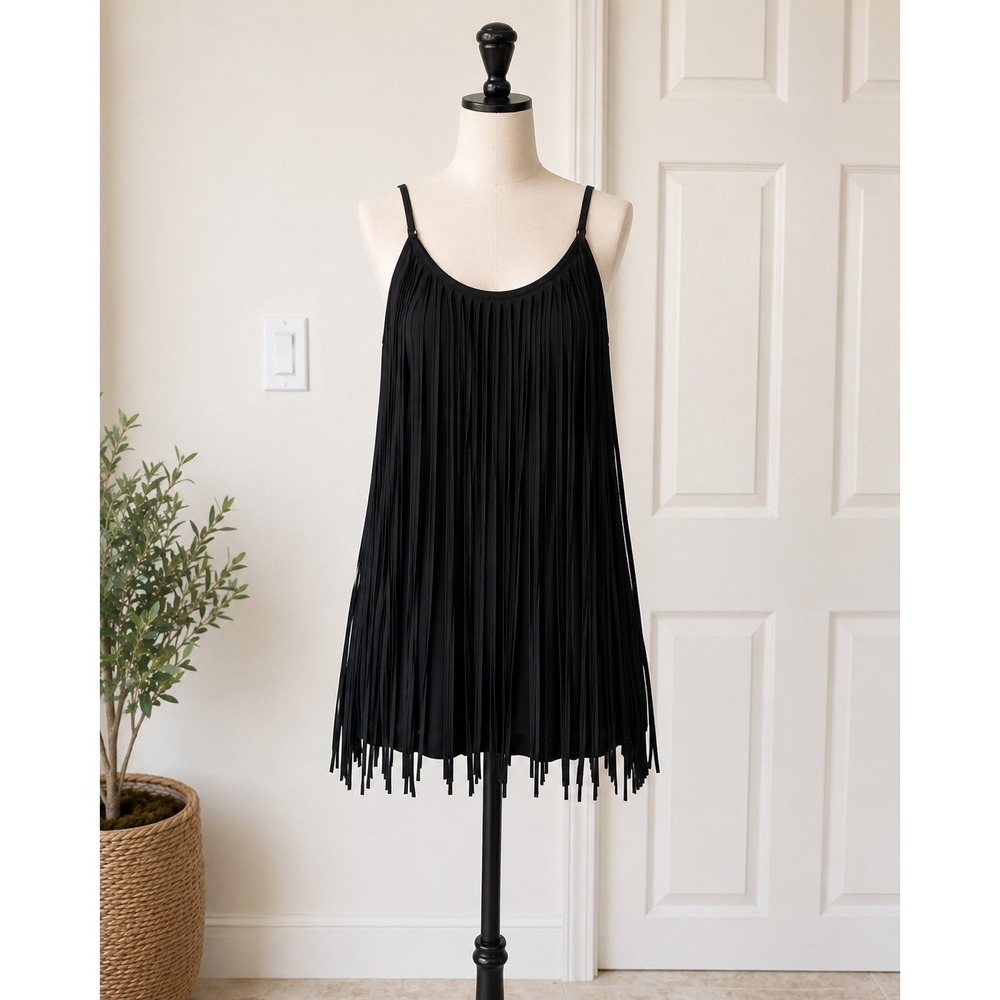 Black Fringe Swing Dress XL | Boho Festival Western Chic Statement Dress